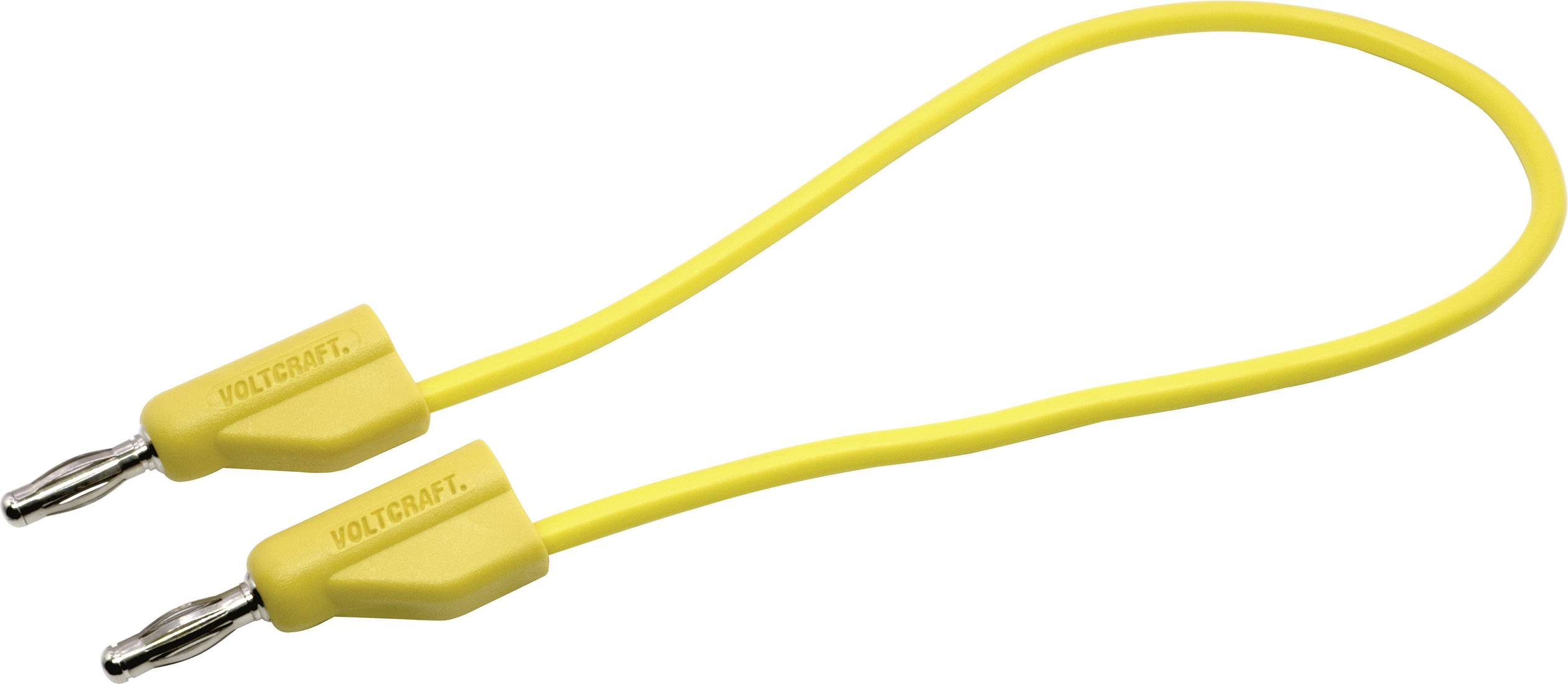 Ein gelbes Bananenstecker-Verbindungskabel mit zwei Steckern, die mit 'Voltcraft' beschriftet sind, zur elektrischen Verbindung.