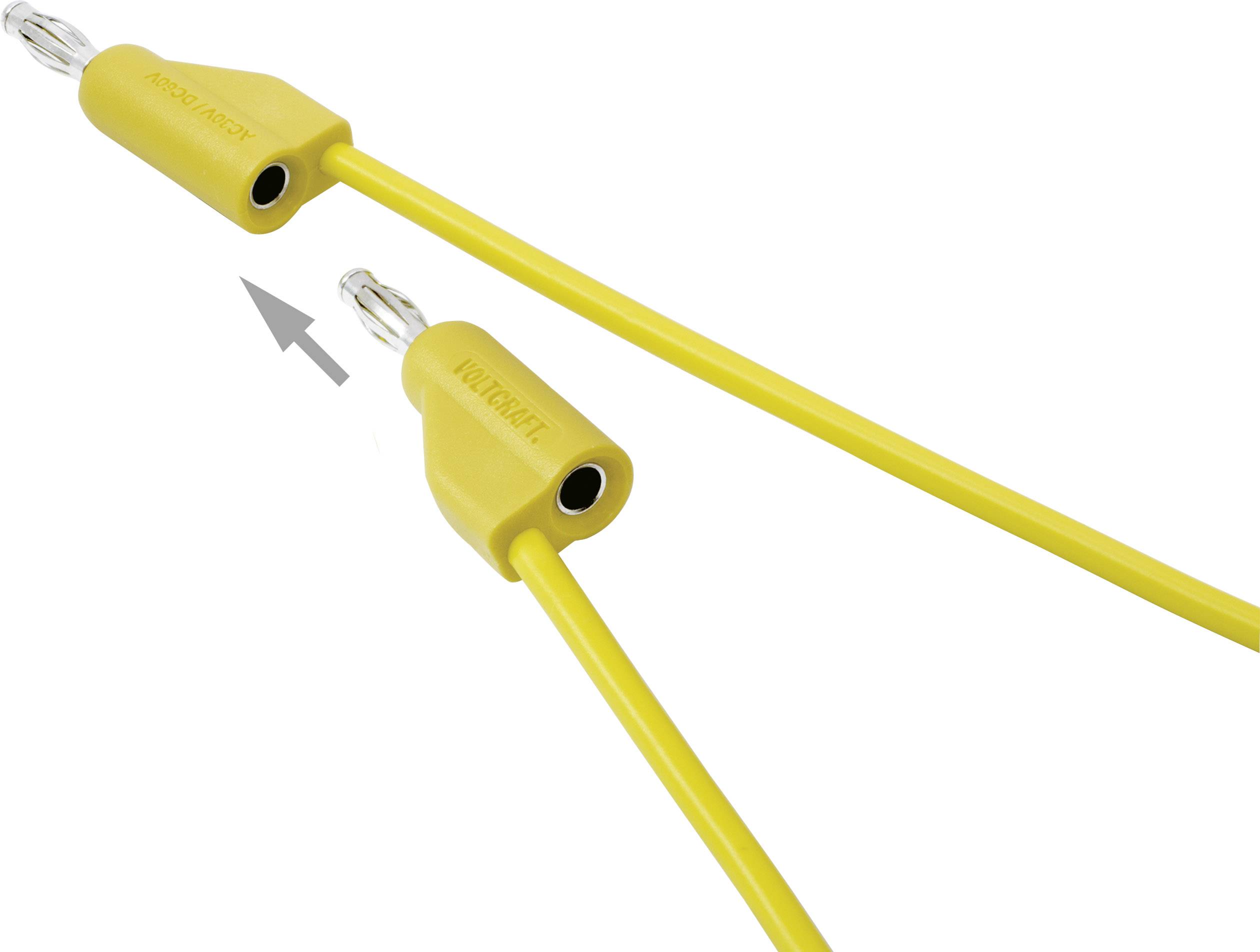 Zwei gelbe Kabel mit Steckverbindern, links mit Aufschrift 'Krokodilclip', Pfeil zeigt in Richtung des Verbinders.