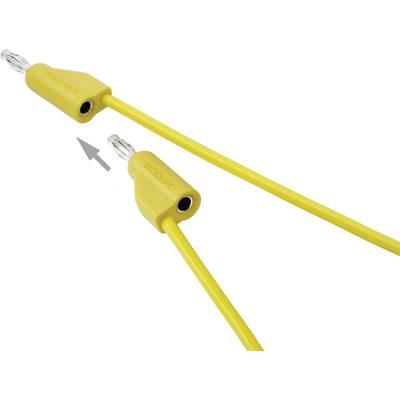 Zwei gelbe Kabel mit Steckverbindern, links mit Aufschrift 'Krokodilclip', Pfeil zeigt in Richtung des Verbinders.