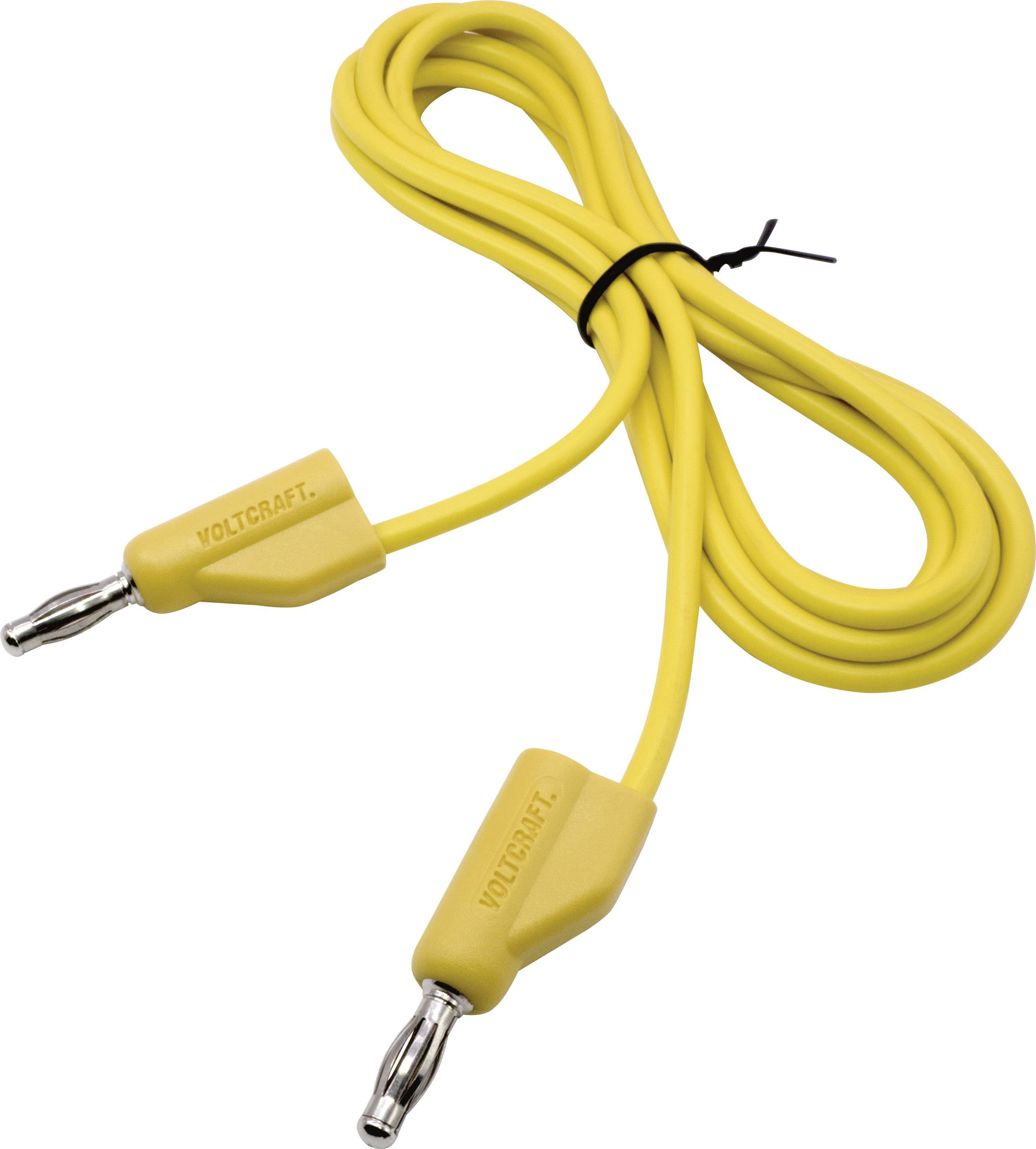 Gelbes Kabel mit zwei Steckern an den Enden, eines mit schwarzem Kabelbinder. Stecker sind mit 'VOLTCARFT' beschriftet.