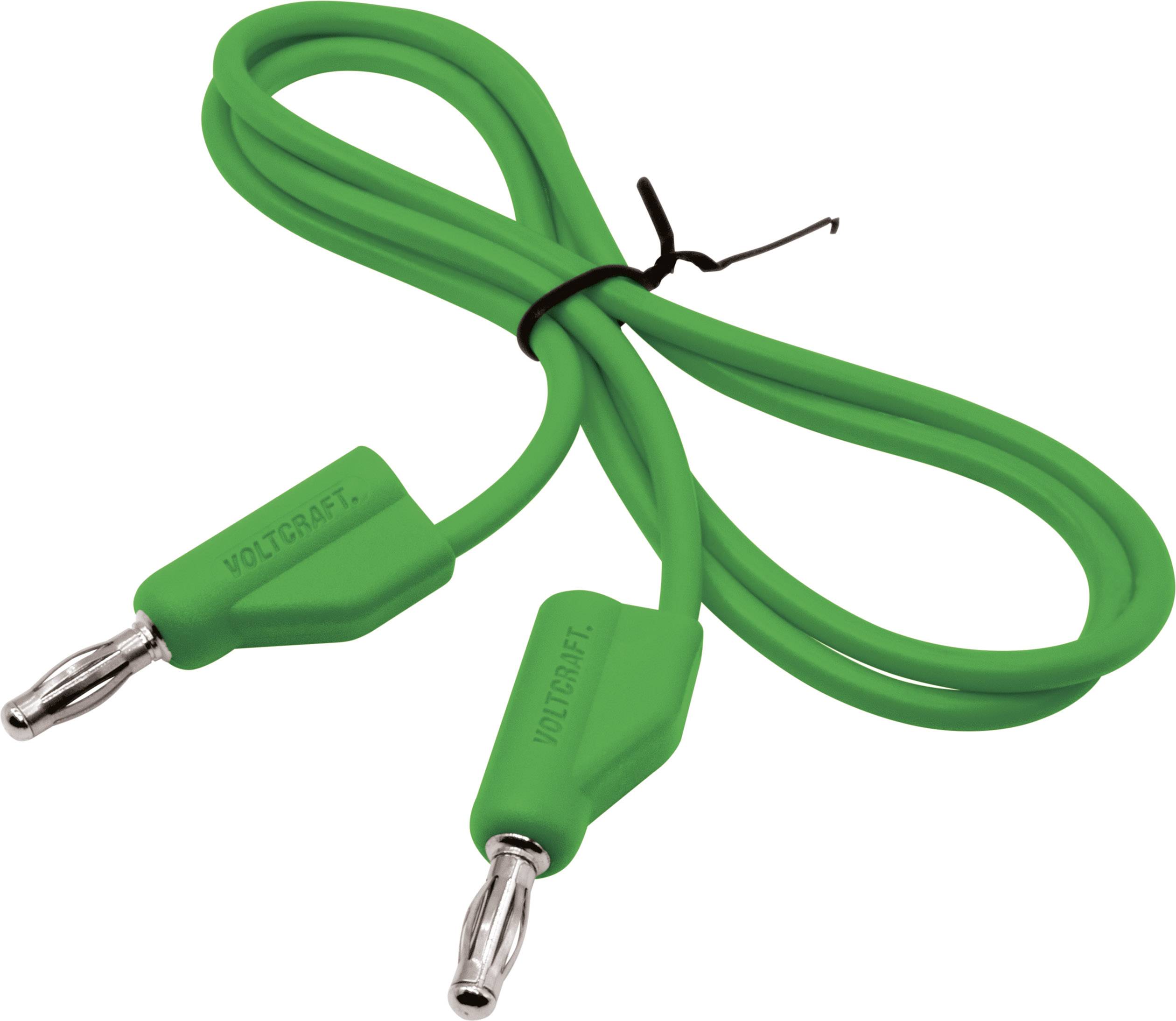Grünes Bananenkabel mit zwei Steckern, verwendbar für elektronische Anschlüsse.
