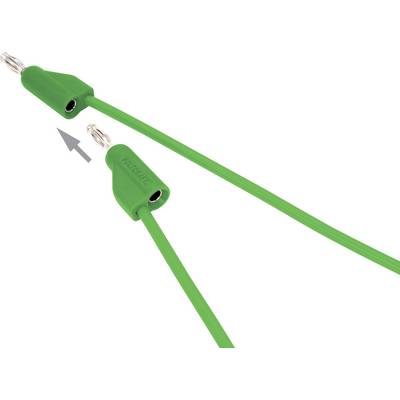 Grünes Elektrokabel mit zwei abgewinkelten Steckverbindern; Pfeil zeigt auf den Anschlussbereich.