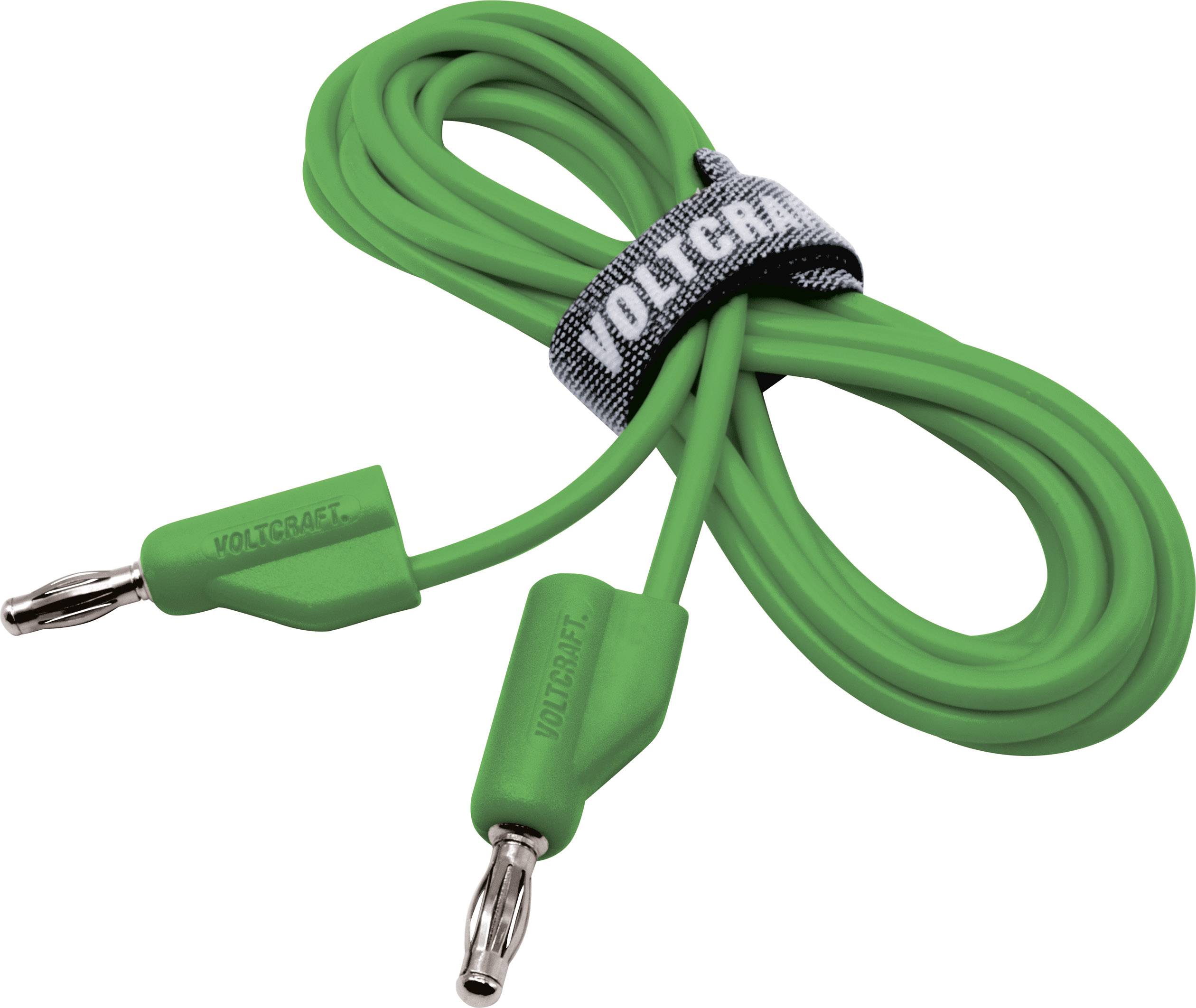 Grünes Kabel mit Krokodilklemmen an beiden Enden, mit 'VOLTCARFT'-Aufschrift auf einem befestigten Klettband.