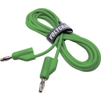 Grünes Kabel mit Krokodilklemmen an beiden Enden, mit 'VOLTCARFT'-Aufschrift auf einem befestigten Klettband.