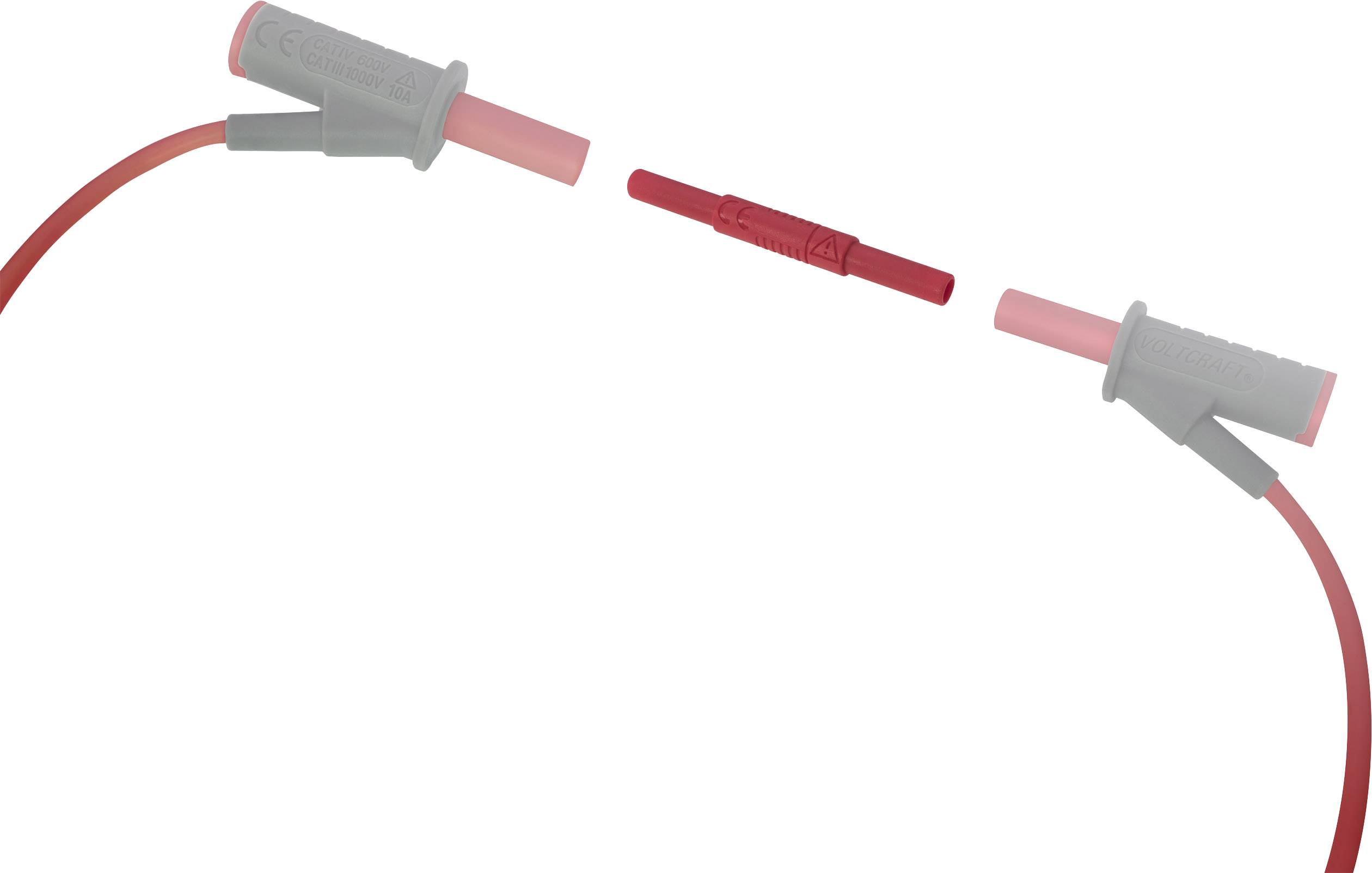 Zwei graue Steckverbinder mit rotem Kabel und ein rotes Verbindungsstück in der Mitte auf weißem Hintergrund.