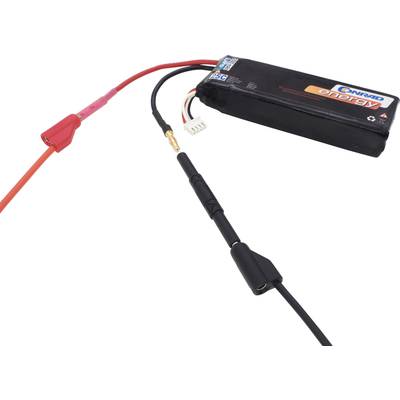 Ein schwarzer Akku mit mehreren Kabeln und Anschlüssen. Eines der Kabel ist rot und endet in einem kleinen Stecker.