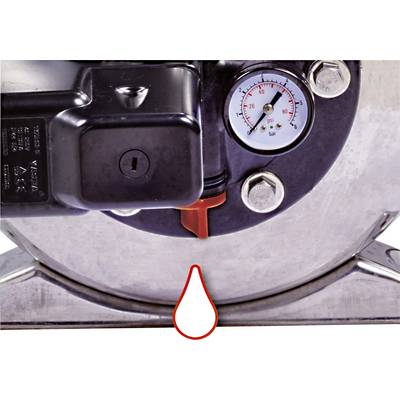 Ein Manometer an einem Maschinenbauteil zeigt den Druck in bar an. Eine rote Markierung und ein Tropfensymbol sind sichtbar.