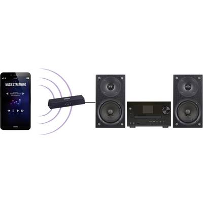 Smartphone zeigt 'Music Streaming', sendet Audiosignal kabellos an Verstärker, der mit zwei Lautsprechern verbunden ist.
