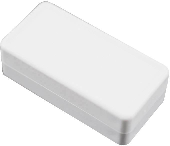 Rechteckige weiße Plastikbox mit abgerundeten Ecken, geschlossen.