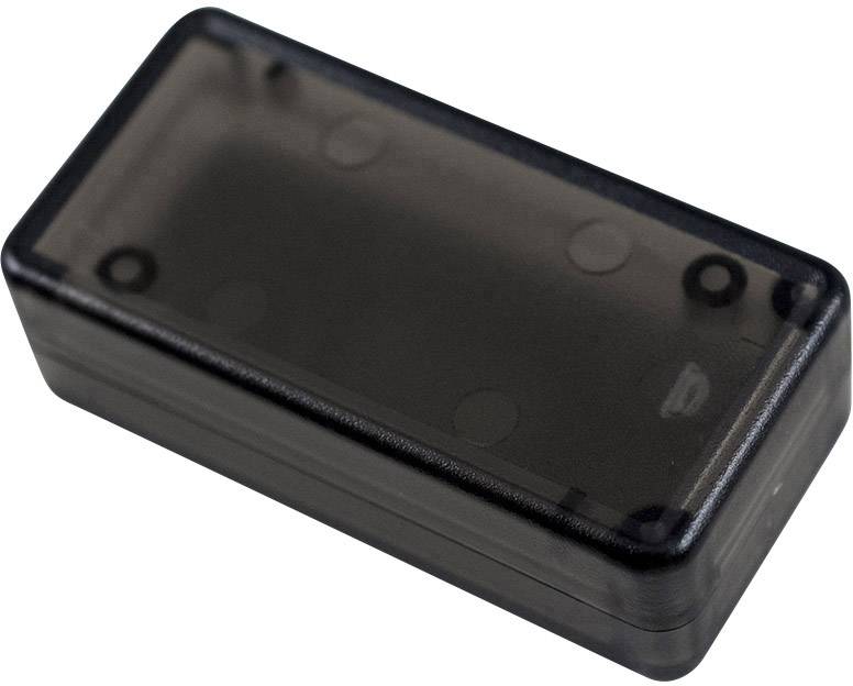 Transparente schwarze Kunststoffbox mit abgerundeten Ecken, ideal zur Aufbewahrung elektronischer Komponenten.