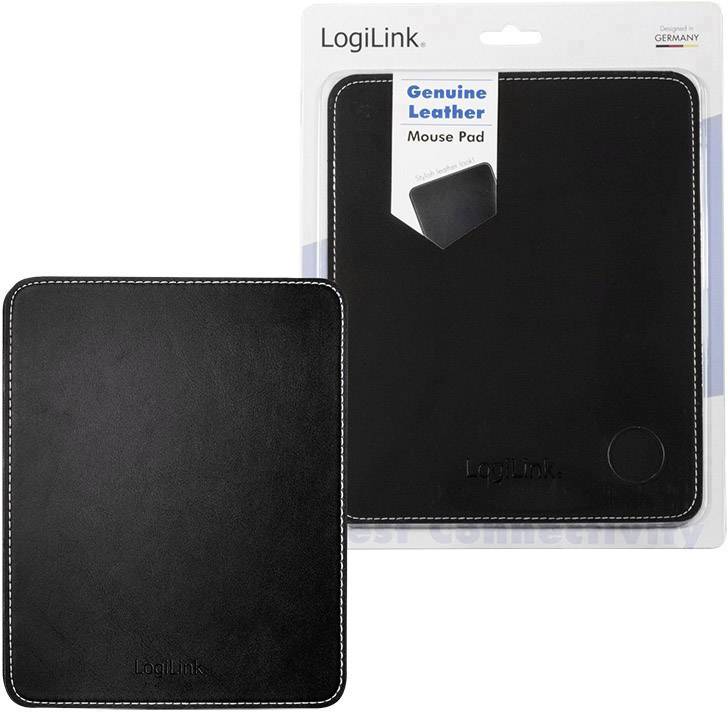 Mauspad aus echtem Leder von LogiLink, schwarz, rechteckig mit weißen Nähten. Verpackt in durchsichtiger Plastikverpackung.