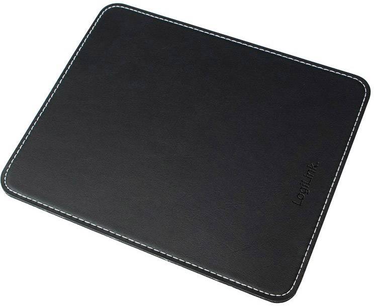 Schwarzes Mauspad mit weißer Naht, rechteckig und flach. Markennamen 'LogiLink' in einer Ecke eingraviert.