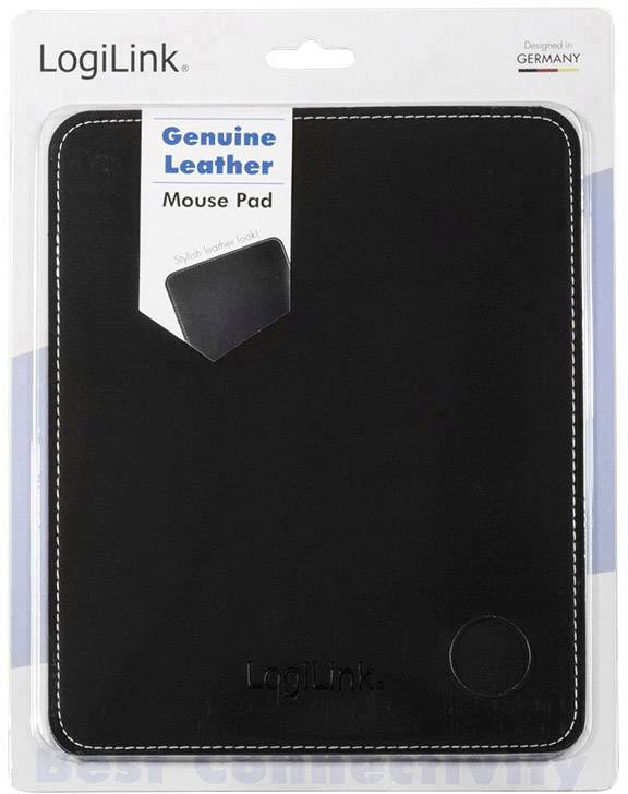 Schwarzes Leder-Mauspad der Marke LogiLink mit Verpackung. Text: 'Genuine Leather', 'Designed in Germany'.