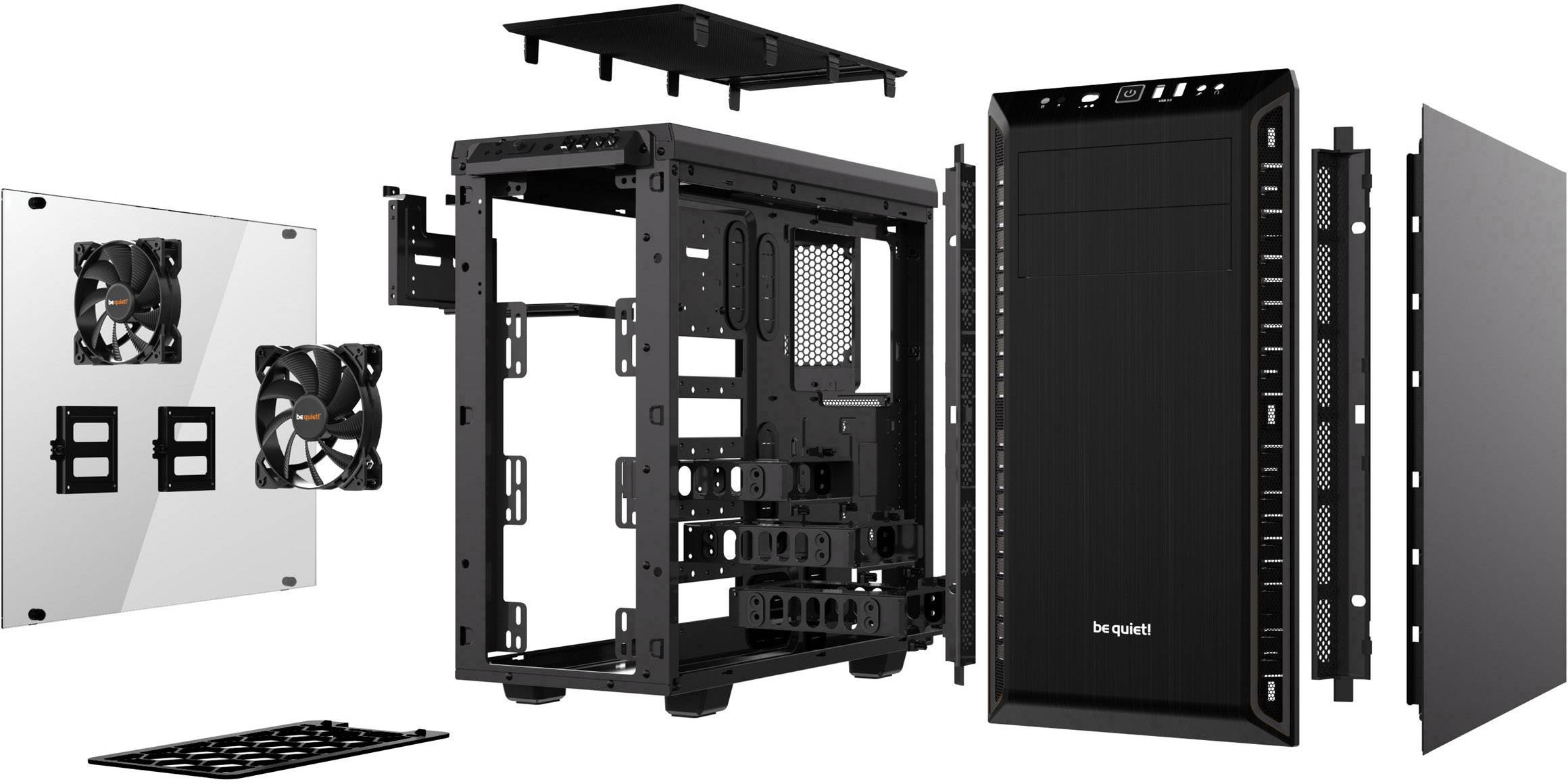 Explodierte Ansicht eines Computergehäuses mit abnehmbaren Seitenwänden, mehreren Lüftern und modularen Teilen für individuelle Anpassung.