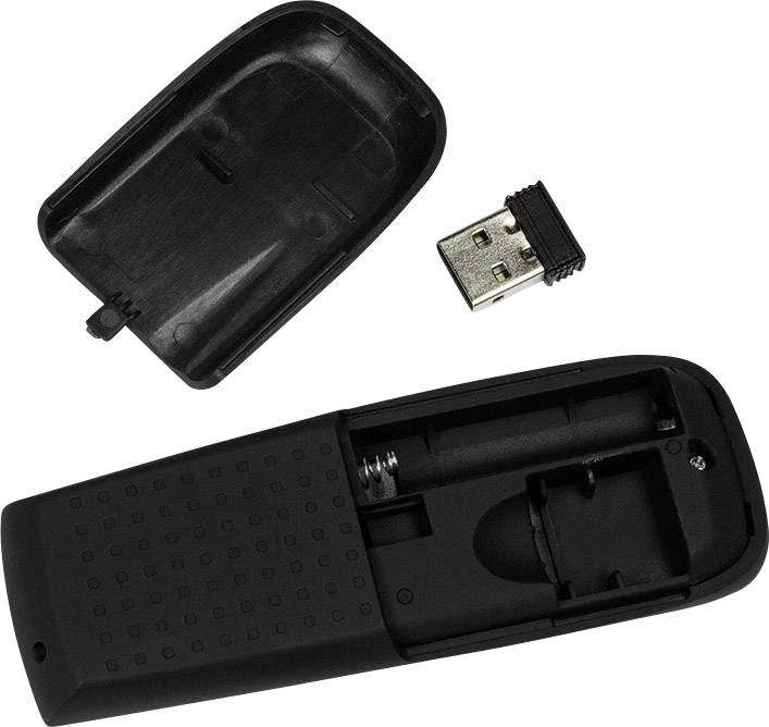 Schwarze Fernbedienung, geöffnete Rückseite zeigt Batteriefach und USB-Empfänger, der daneben liegt.