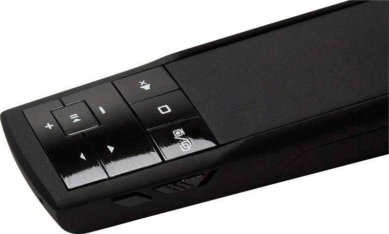 Schwarzer Fernbedienung mit Tasten für Lautstärke, Wiedergabe/Pause und weitere Funktionen, seitlich liegend auf hellem Hintergrund.