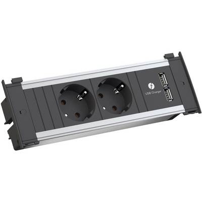 Steckdosenleiste mit zwei Steckdosen und zwei USB-Anschlüssen, geeignet zur Stromversorgung und zum Aufladen von Geräten.