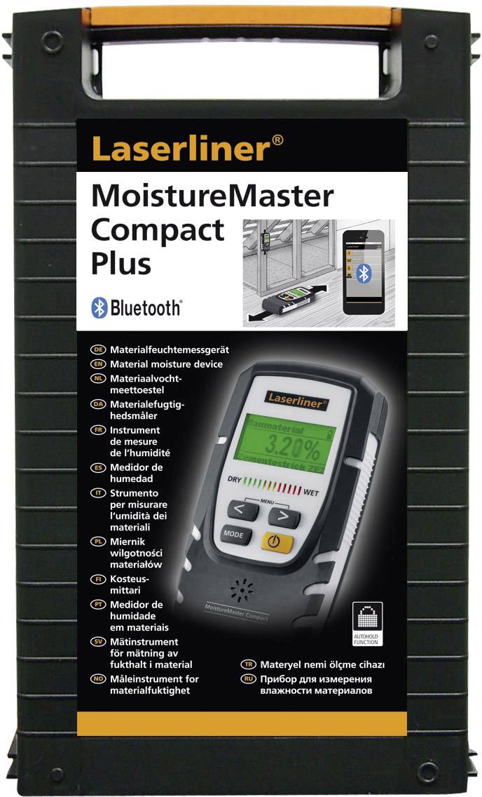 'Laserliner MoistureMaster Compact Plus' Gerät zur Messung der Materialfeuchte, mit Bluetooth, zeigt LCD-Display und Tasten.