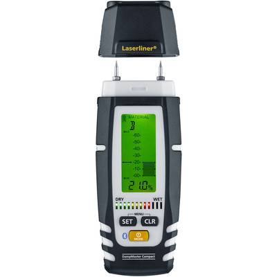 Feuchtigkeitsmesser mit digitalem Display. Zeigt Feuchtigkeitswerte in Prozent, Materialauswahl, Batteriestand und Verbindungssymbol.