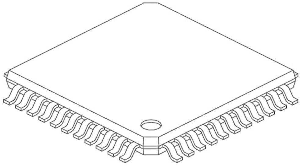 Ein detailliertes Schwarz-Weiß-Bild eines Mikrochip-Layouts mit mehreren Pins an den Seiten, geeignet für elektronische Anwendungen.