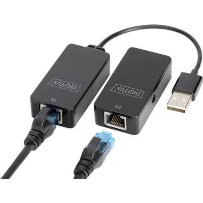 Schwarzes USB-auf-Ethernet-Adapter-Set, bestehend aus zwei rechteckigen Einheiten, mit Ethernet- und USB-Anschlüssen, markiert mit 'TX' und 'RX'.