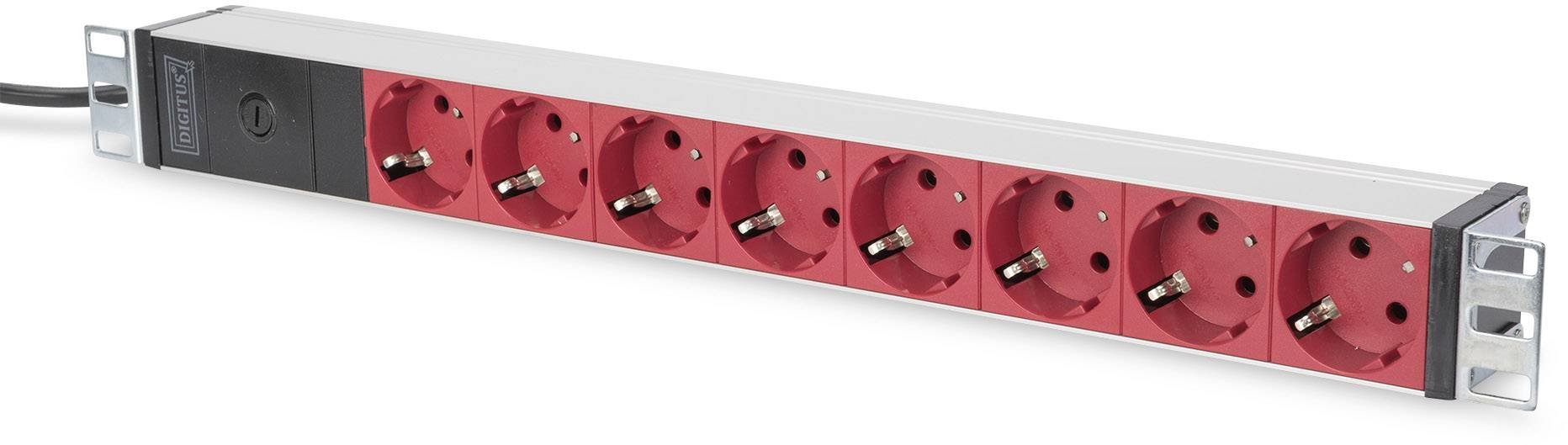 Eine silber-schwarze Steckdosenleiste mit acht roten Steckdosen, geeignet zur Stromverteilung in Server-Racks oder Büros.