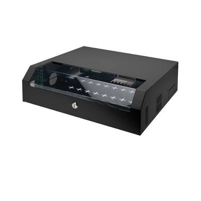 Ein schwarzes, rechteckiges Gerät mit Glasabdeckung und Schloss, möglicherweise ein elektronisches Gerät oder Schutzhülle.