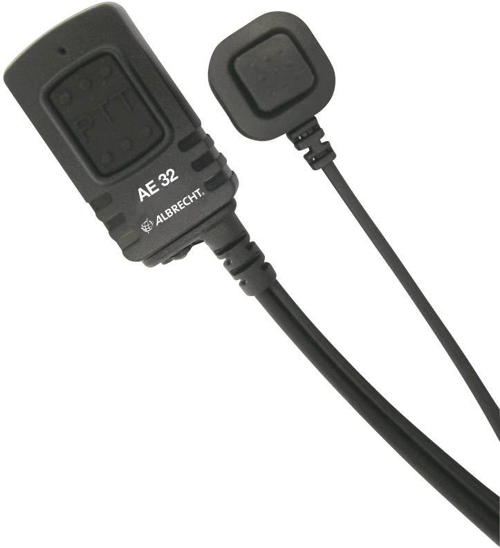 'Schwarzes Albrecht AE 32 Headset mit großem und kleinem Knopf, verbunden durch ein Kabel. Geeignet für Funkgeräte.'
