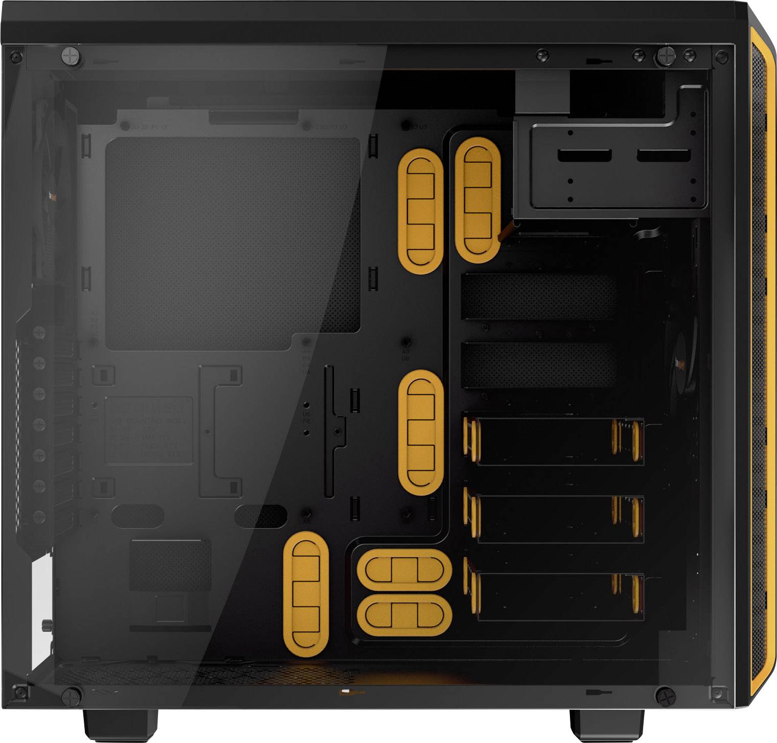 Gehäuse eines PC-Towers mit orangefarbenen Kabeldurchführungen. Links ist Platz für ein Mainboard, rechts befinden sich Laufwerksschächte.