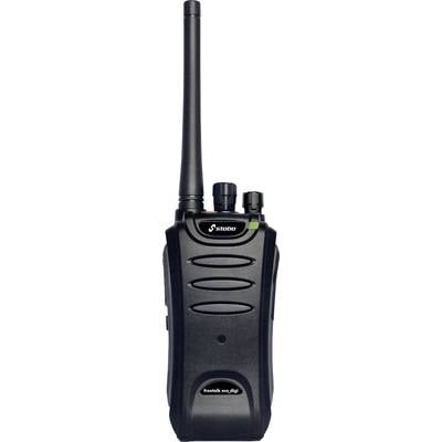Ein schwarzes Funkgerät mit langer Antenne, zwei Drehknöpfen und einem kleinen Display oben. Markenlogo auf der Vorderseite.