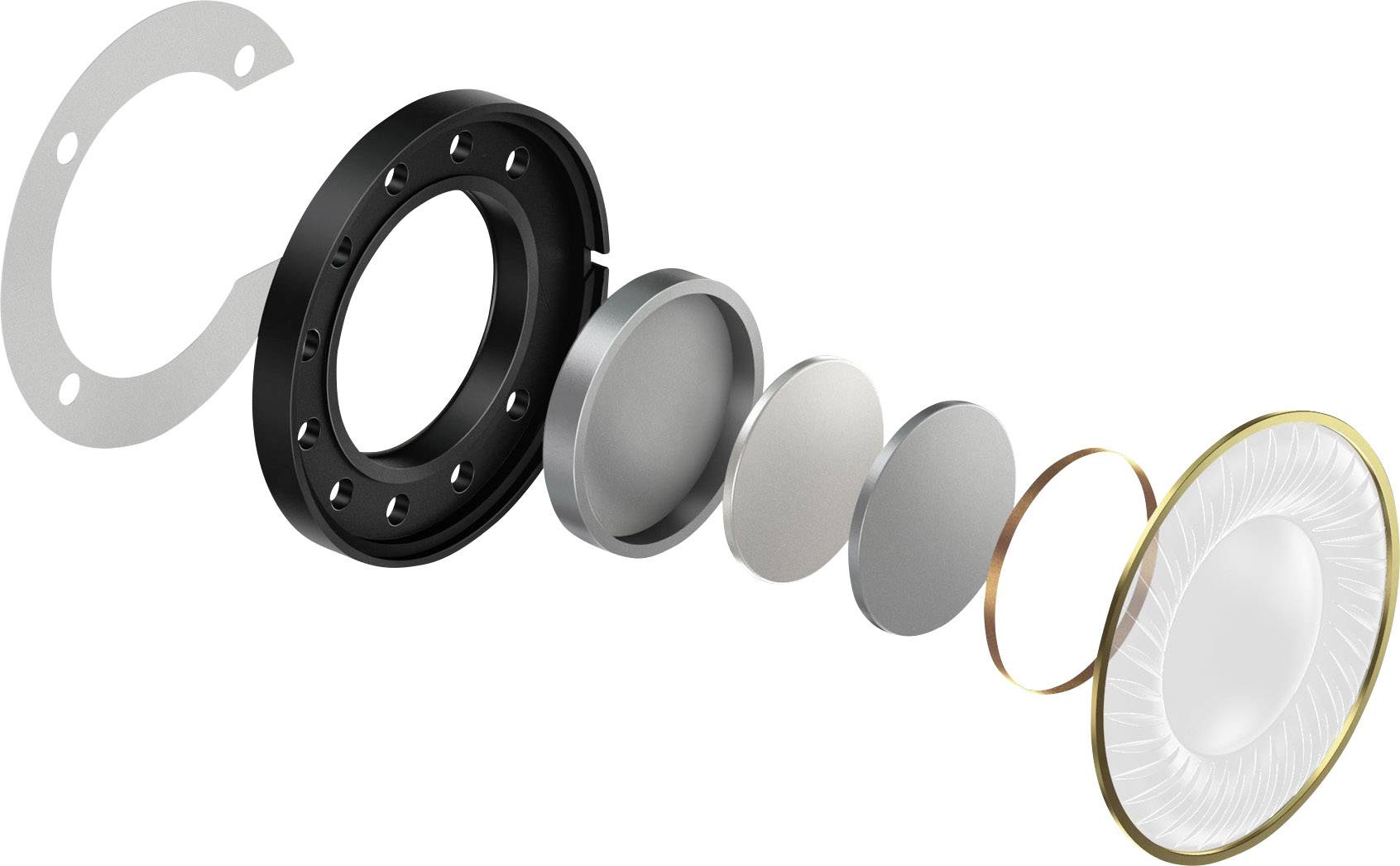 Explosionsdarstellung eines Kopfhörerlautsprechers, die verschiedene Bestandteile zeigt: Membran, Schwingspule, Magnet und Gehäuse.