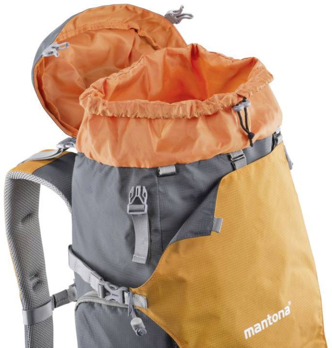 Ein orange-grauer Rucksack mit offenem Hauptfach und grauen Trägern; die Marke 'mantona' ist auf der Vorderseite sichtbar.