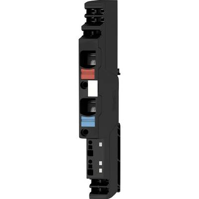 Schwarzes elektrisches Bauteil mit roten und blauen Markierungen auf der Vorderseite, möglicherweise ein Modul oder Schalter.