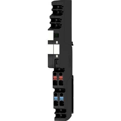 Schwarzes elektronisches Bauteil mit mehreren Anschlüssen und farbigen Kabelmarkierungen, vertikal positioniert.