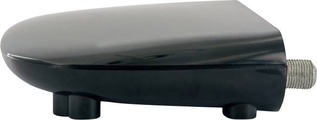 Schwarze, flache Satellitenschüssel mit angeschlossenem Koaxialkabel. Entworfen für den Empfang von Fernsehsignalen.