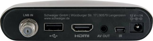 Ein schwarzer Receiver mit Anschlüssen: LNB IN, USB, HDMI, AV OUT, IR und Stromanschluss, Herstellerangaben oben.