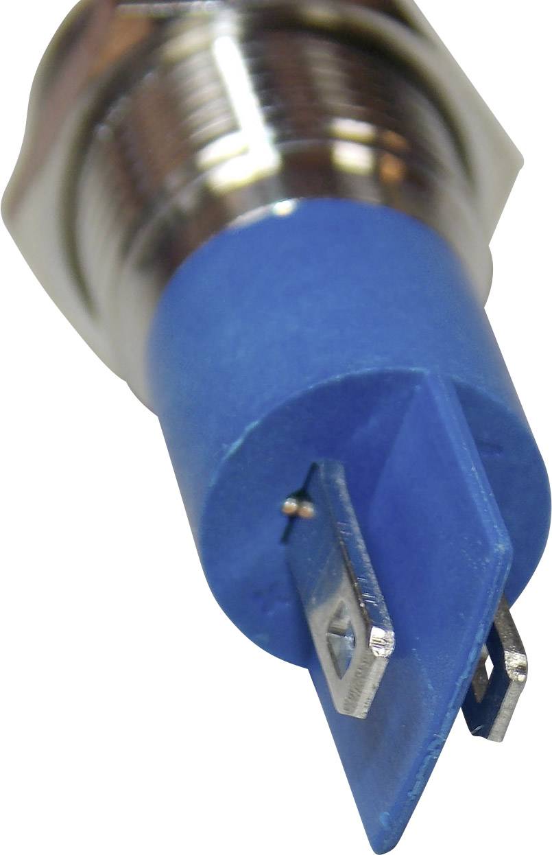 Ein blauer, zylindrischer Knopf mit zwei Metallkontakten, vermutlich ein elektrischer Schalter oder Taster.