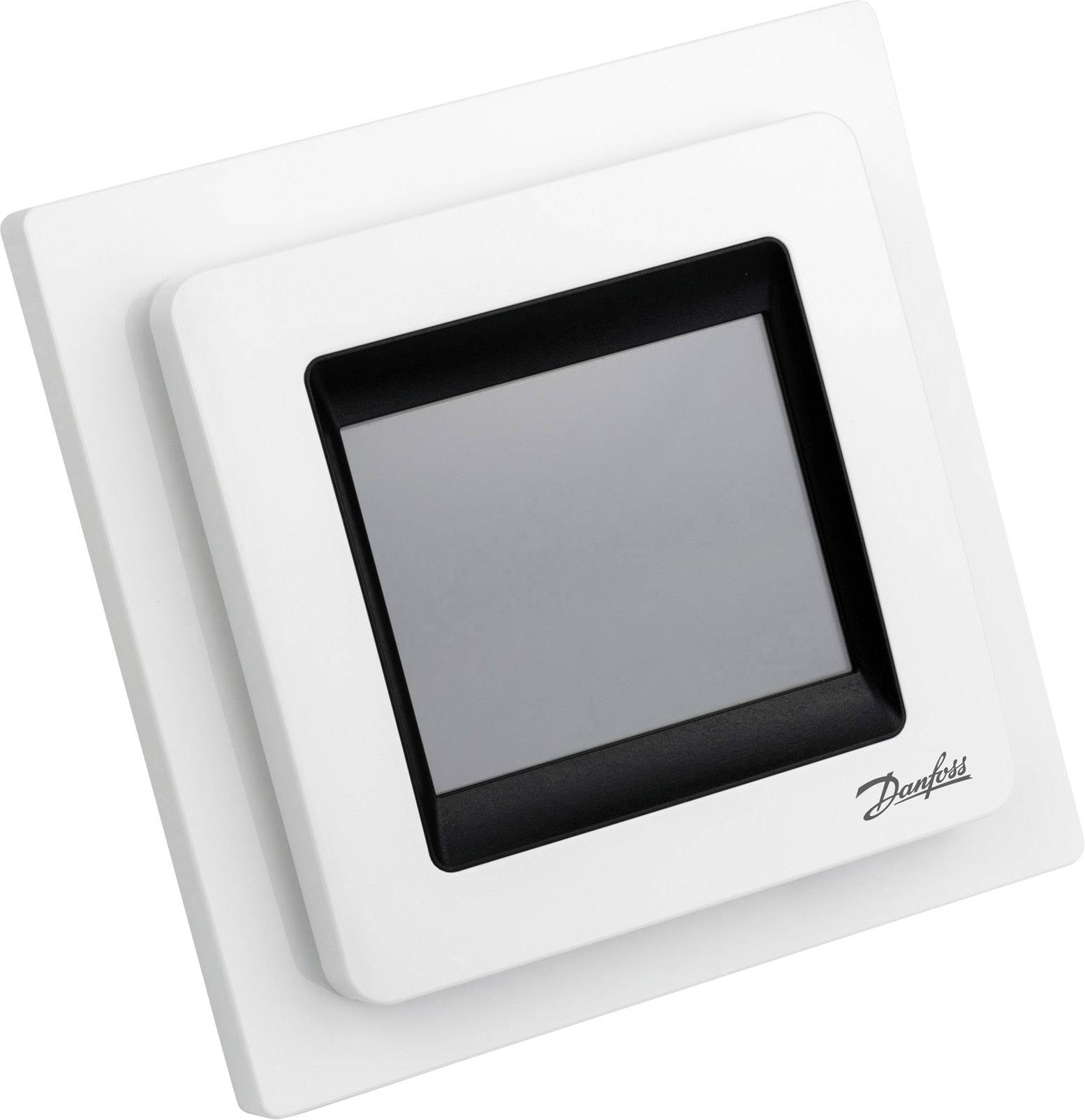 Ein weißer Thermostat mit einem quadratischen Bildschirm, umgeben von einem Rahmen. Markenlogo in der unteren rechten Ecke.