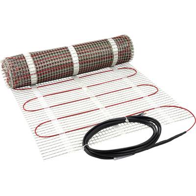 Elektrische Fußbodenheizung in Form eines ausgerollten Netzes mit roten Heizkabeln und einem schwarzen Anschlusskabel.