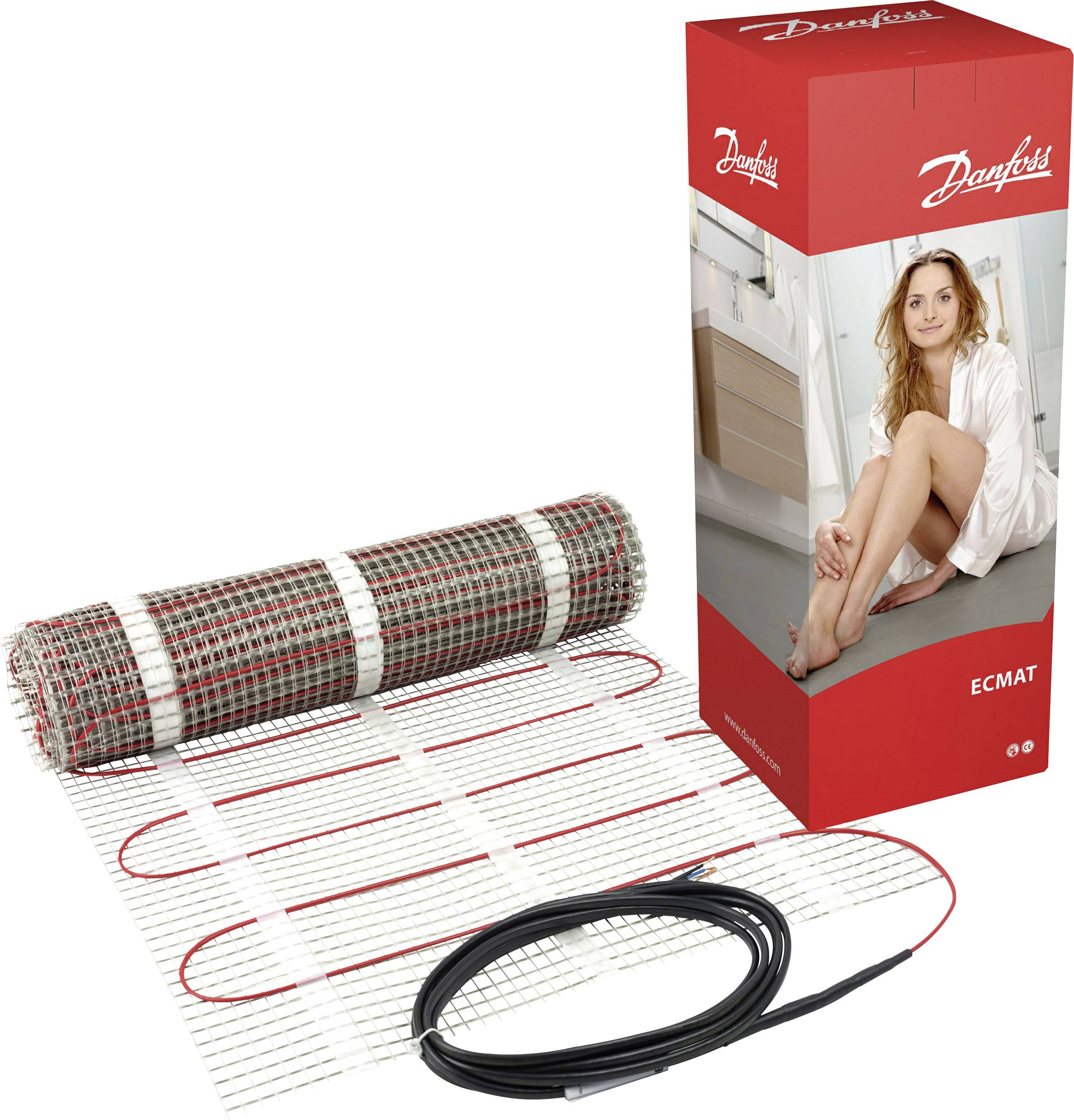 Eine Bodenheizmatte neben einer Verpackung mit einer sitzenden Frau abgebildet. Die Matte zeigt rote Heizdrähte auf weißem Netz.