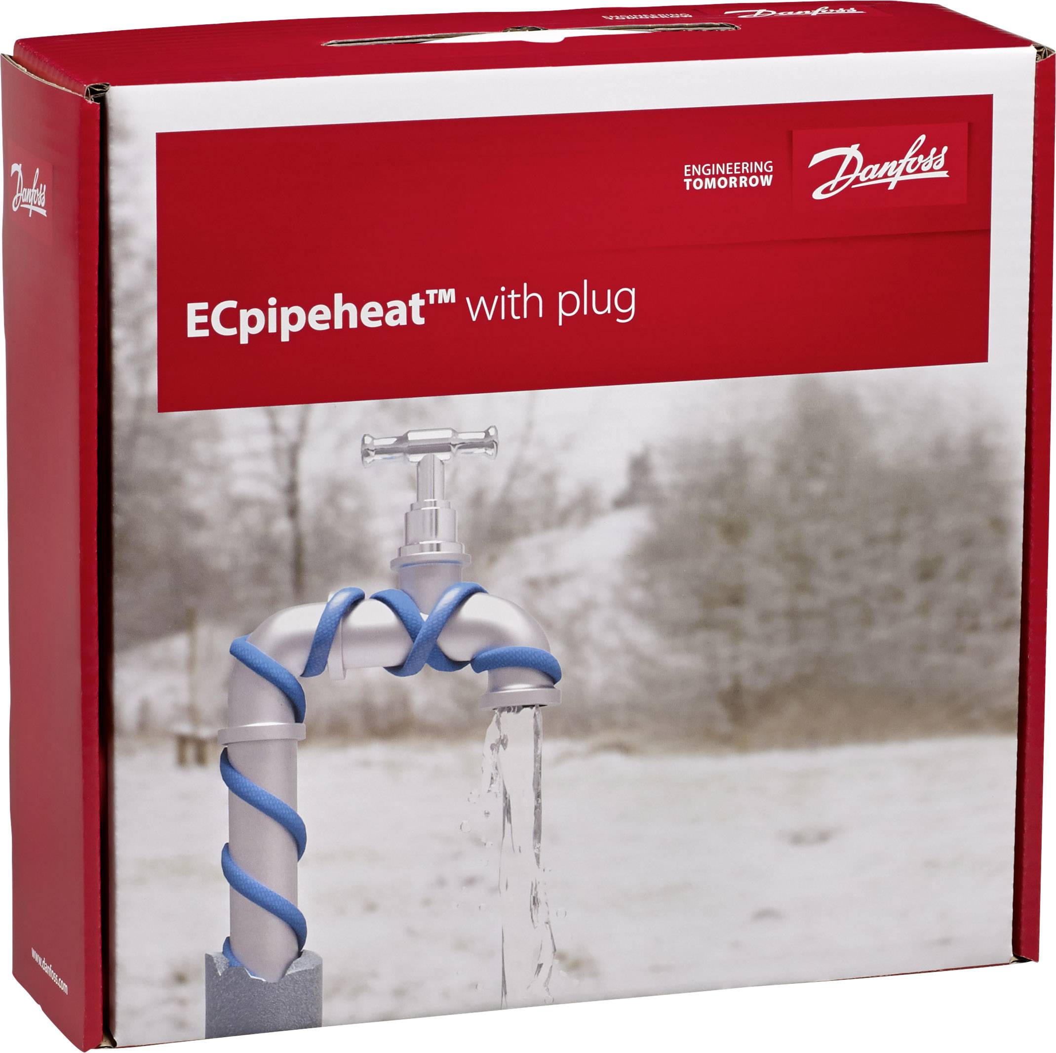 Verpackung von 'ECpipeheat™ mit plug' von Danfoss, zeigt eine umwickelte Rohrinstallation in verschneiter Landschaft im Hintergrund.
