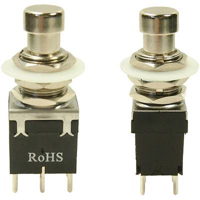 Zwei metallische Druckknöpfe in Schwarz und Silber, jeweils mit RoHS-Markierung, geeignet für elektronische Schaltungen.