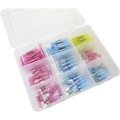 Ein transparenter Plastikbehälter mit acht Fächern, die verschiedenfarbige elektrische Steckverbinder in Pink, Blau und Gelb enthalten.