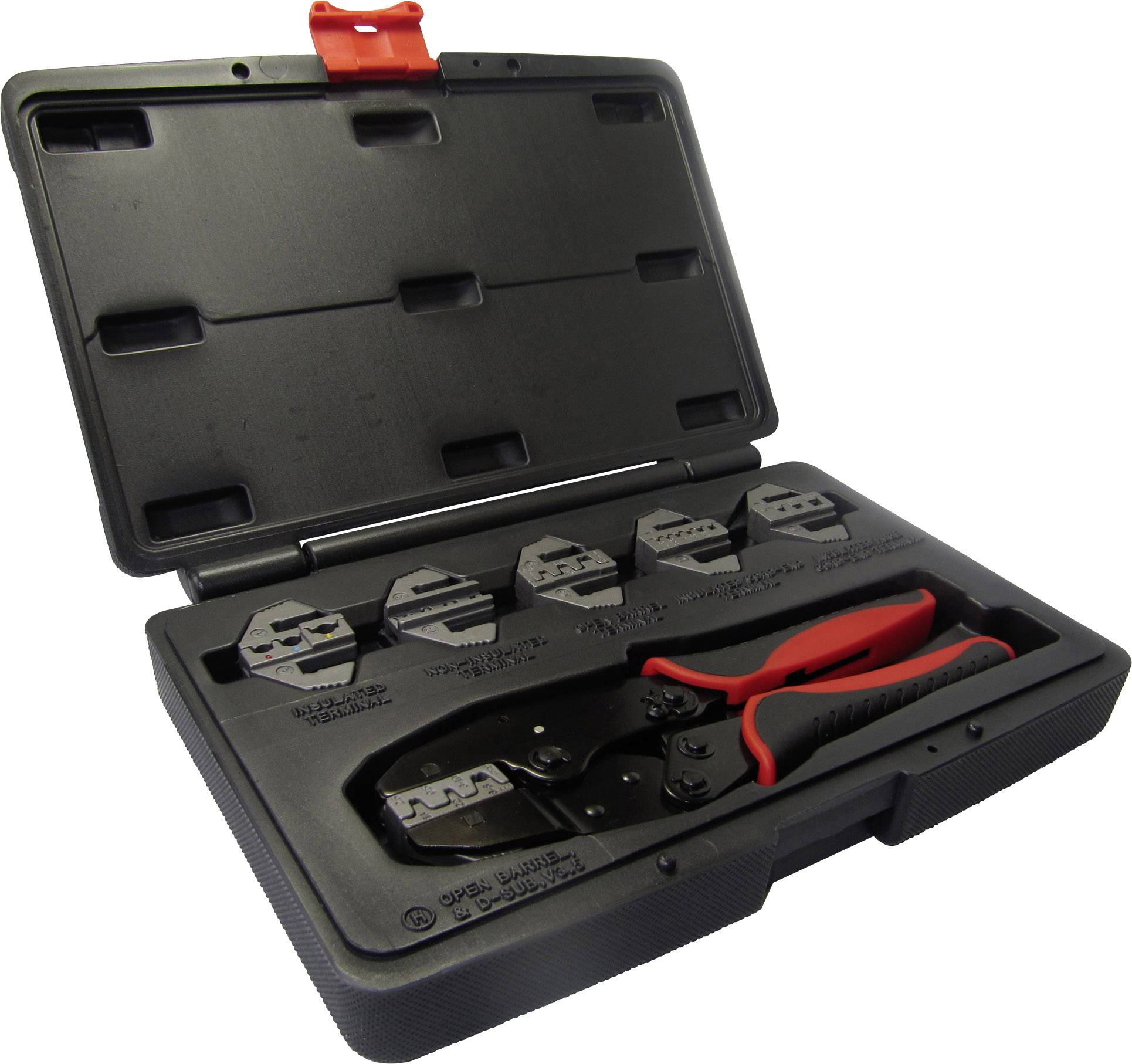 Ein Koffer mit einem Crimpwerkzeug und mehreren austauschbaren Matrizen für verschiedene Kabel- oder Drahtstärken.