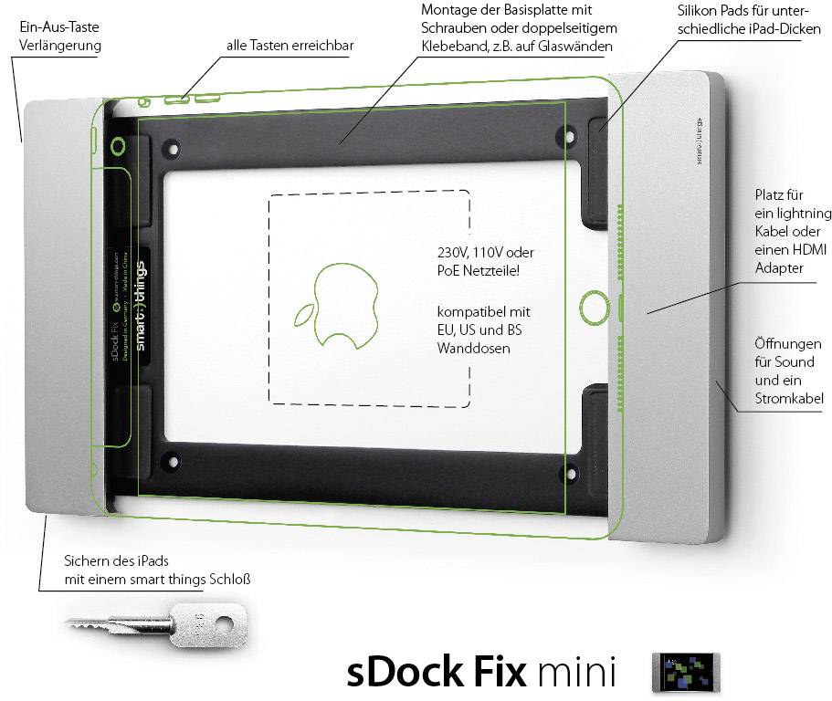 'SDock Fix mini' iPad-Halterung mit Wandmontageoption. Beinhaltet Kabelanschlüsse, Positionsanleitung und Diebstahlsicherung.