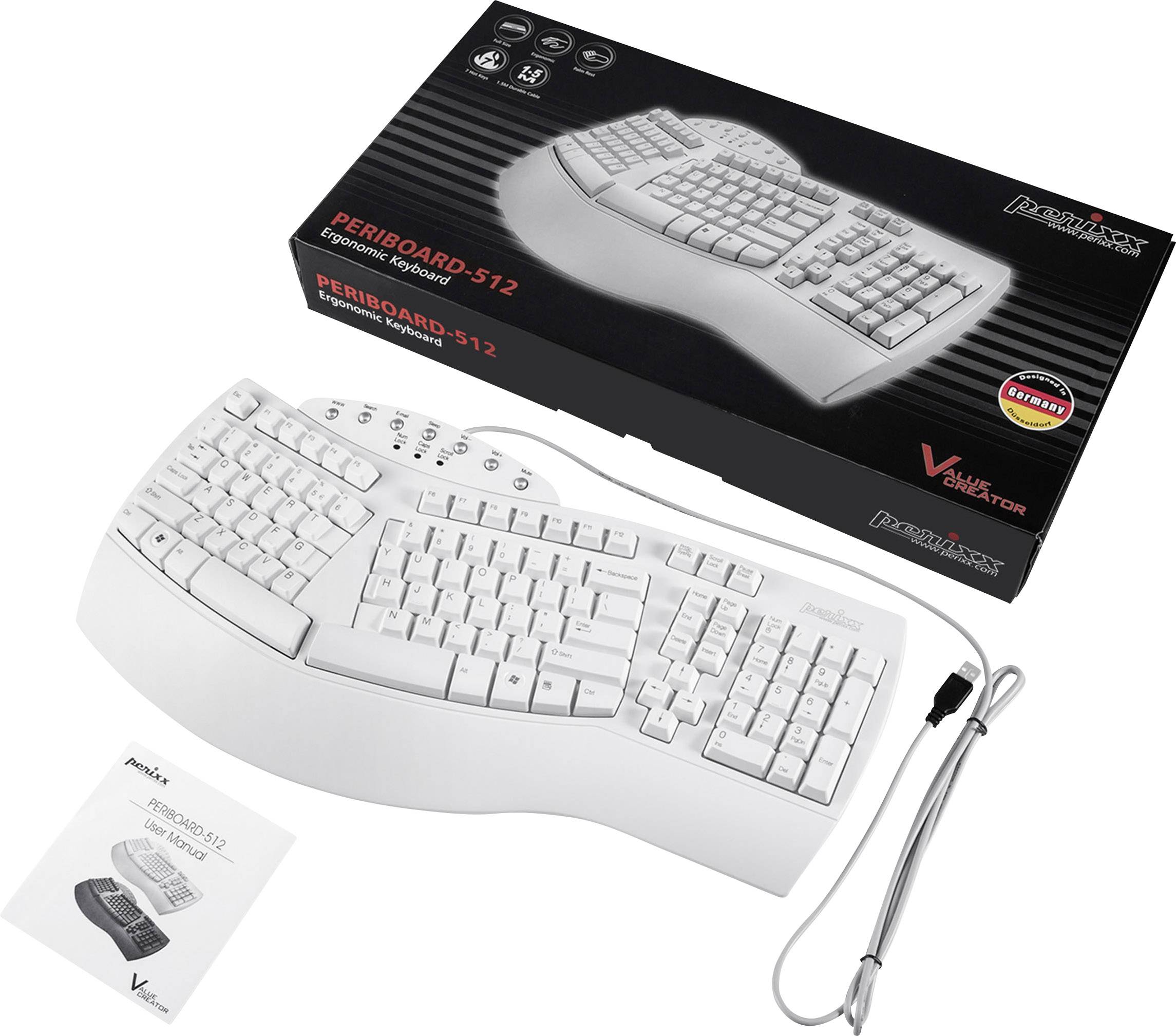 Die Abbildung zeigt eine ergonomische weiße Tastatur mit geschwungenem Design, abgebildet neben ihrer Verpackung und einer Gebrauchsanleitung.