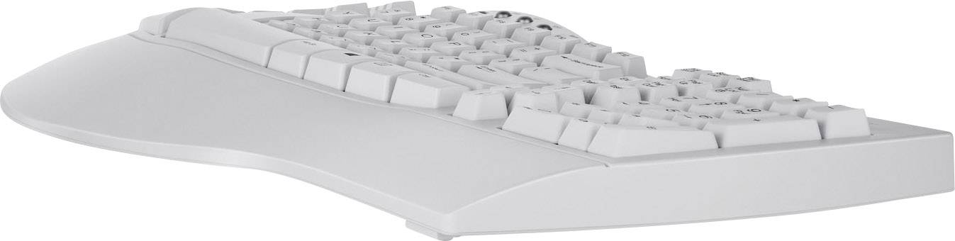 Ergonomische Tastatur in seitlicher Ansicht, zeigt eine geschwungene Form zur Unterstützung der Handgelenke während der Nutzung.