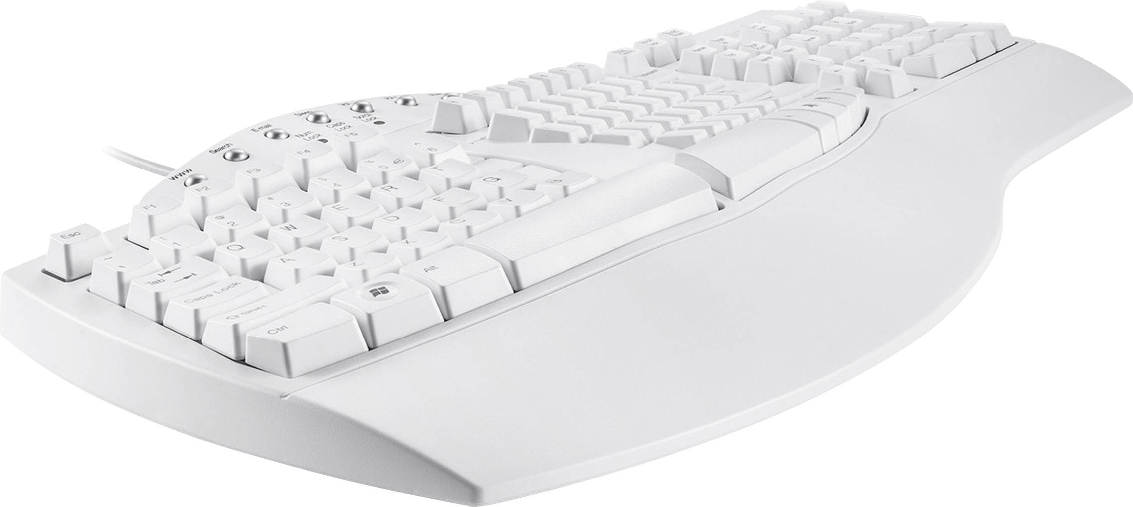 Ergonomische weiße Tastatur mit vertieftem Layout, geschwungenem Design und Handballenauflage; geeignet für komfortables Tippen.