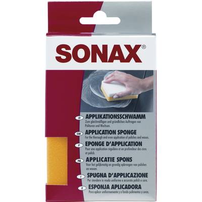 'Verpackung eines SONAX Applikationsschwamms. Zeigt eine Hand, die einen Schwamm auf eine Oberfläche aufträgt. Mehrsprachige Produktbeschreibung.'
