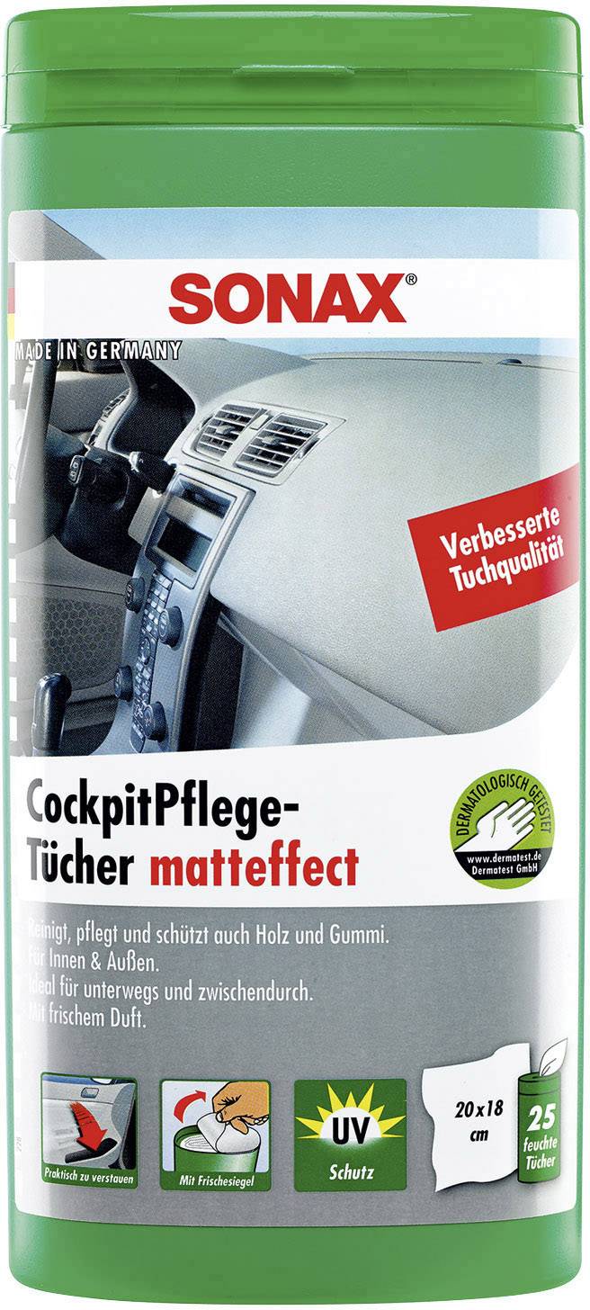 'Cockpitpflege-Tücher matteffect' von Sonax, Dosendesign mit Bild eines Autoinnenraums. Enthält 25 Tücher für Innenraumpflege.